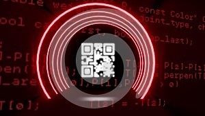 QR code scanner with neon elements against data processing