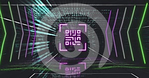 QR code scanner with neon elements against data processing