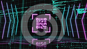 QR code scanner with neon elements against data processing