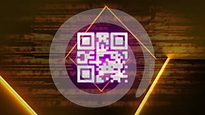 QR code scanner with neon elements against data processing