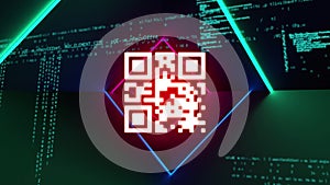 QR code scanner with neon elements against data processing