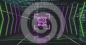 QR code scanner with neon elements against data processing