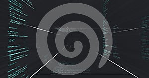 QR code scanner with neon elements against data processing