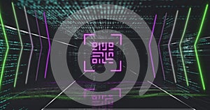 QR code scanner with neon elements against data processing