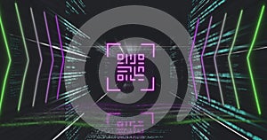 QR code scanner with neon elements against data processing