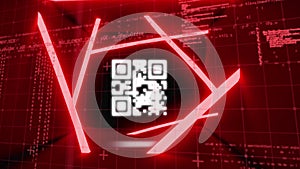 QR code scanner with neon elements against data processing on red background