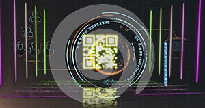 QR code scanner with neon elements against data processing and spinning globe