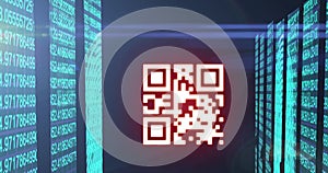 QR code scanner with neon elements against screens of data processing