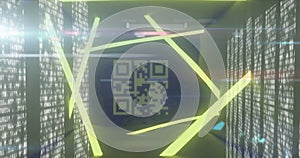 QR code scanner with neon elements against screens of data processing