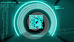 QR code scanner over neon circles against data processing