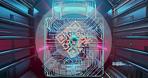 QR code scanner, security padlock and data processing against glowing tunnel