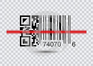 QR code for Scanning , Barcode icon with red laser . Modern simple flat bar code sign.