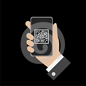 QR code. Scanning with cell phone icon isolated on black background