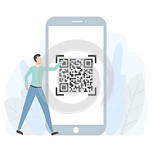 QR code scanning concept. Small man use smartphone and scan qr code