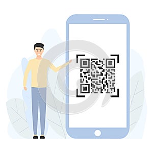 QR code scanning concept. Small man use smartphone and scan qr code