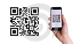 Qr code scanning. Hand holding mobile smartphone screen for payment, online pay, scan barcode with qr code scanner on