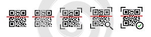 Qr code scanning icon set. Qr code scanners set. Different qr code scanners. Scaner icon vector illustration. Camera icon. Mobile