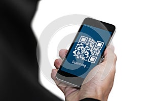 QR code scanning payment and verification. Businessman holding mobile smart phone scan QR code on screen