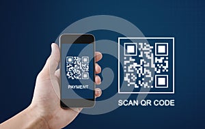 QR code scanning payment and verification. Hand using mobile smart phone scan QR code