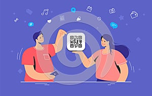 QR code scanning by smartphone. Concept vector illustration of smiling teenage friends holding a card with qr-coge