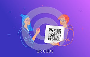 QR code scanning by smartphone. Concept vector illustration of smiling teenage friends holding a card with qr-coge and scanning it
