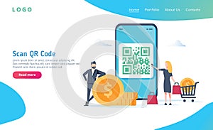 QR code scanning vector illustration concept, people use smartphone and scan qr code for payment and everything