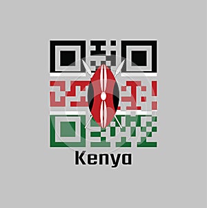 QR code set the color of Kenya flag. A horizontal of black, white red, and green with two crossed white spears behind a red, and