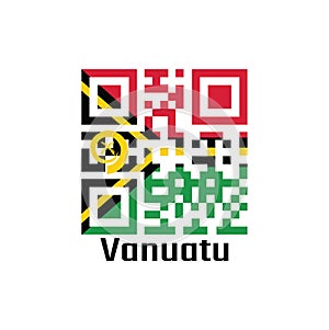 QR code set the color of Vanuatu flag. red and green with black and yellow color boar`s tusk encircling two crossed fern fronds i