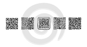 QR code set with five different black and white digital matrix barcodes vector illustration