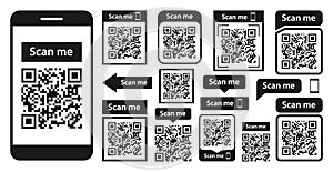 QR code set. Scan qr code icon. Template scan me Qr code for smartphone. QR code for mobile app, payment and phone. Vector photo