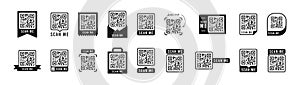 Qr code set. Template of frames for QR code with text - scan me. Quick Response codes for smartphone, mobile app, payment