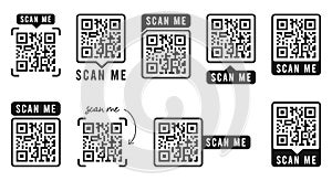 QR code set. Template of frames with text - scan me and QR code for smartphone, mobile app, payment and discounts. Quick Response