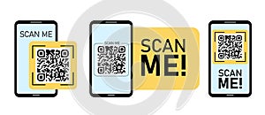 QR code on smartphone screen with scan me text. Qr code for payment, e-wallet, web, mobile app. UI UX design element. Barcode scan