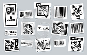 QR code stickers. Barcode labels with product information or link, scanner frame of price tag graphic elements, scanning