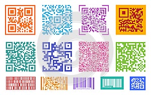 Qr codes. Barcode, coding digital elements for screen. Mobile health id elements. Personal barcodes for scanning in mall