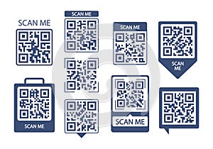 QR codes templates. QR codes smartphones scans, scan me mobile app phone tags, contactless payment codes. vector flat