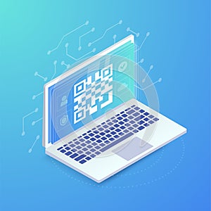 QR link on website banner. QR code on laptop screen. 3d Scan barcode concept, Online QR pay, verification, authorization