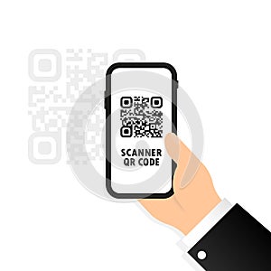 QR scanner icon. Mobile phone in hand scans QR code. Scan the qrcode using a mobile phone. Capture the qr code on your mobile