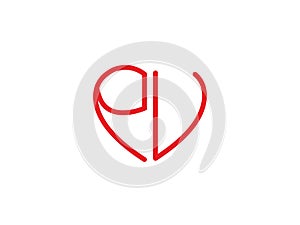 QU Initial heart shape Red colored love logo