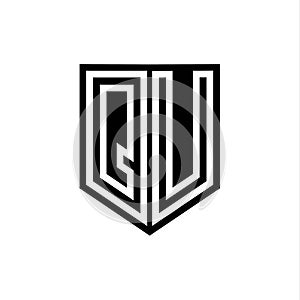 QU Logo monogram shield geometric white line inside black shield color design