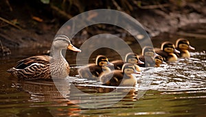 Quacking duck and goose family enjoy summer pond generated by AI