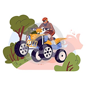 Quad bike racing on mud, gravel track. Racer in helmet rides on atv in enduro competition. Rider drives off road vehicle