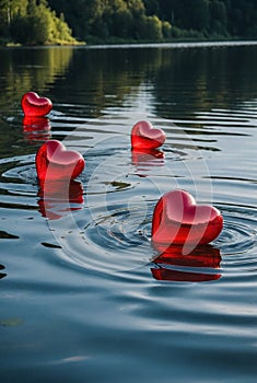 Quad of Hearts: Four Red Heart Balloons Afloat on Water