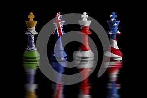 Quad plus countries Image of a chess king with indian,australian,Japanese and american flag defeating white chess pieces. on black