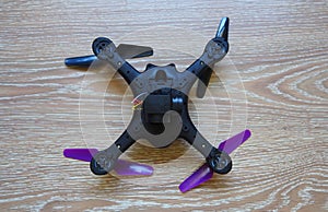 Quadcopter appearance and close-up, radio-controlled drone