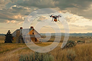 Quadcopter Delivery Man Carries Cargo To A Rural House.