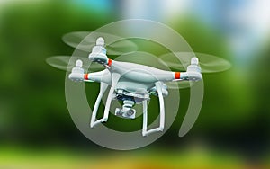 Quadcopter drone with 4K video camera flying in the air