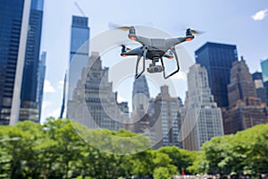 Quadcopter drone with camera flying in clear blue sky among urban skyscrapers. For themes related to surveillance