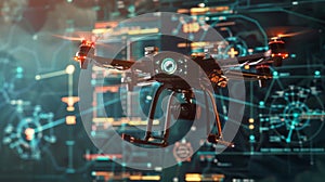 Quadcopter drone with camera flying in a high-tech environment