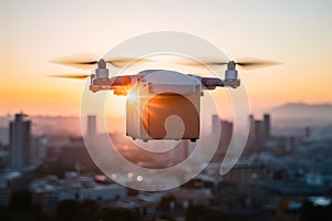 Quadcopter drone with cardboard box flying over city at sunset